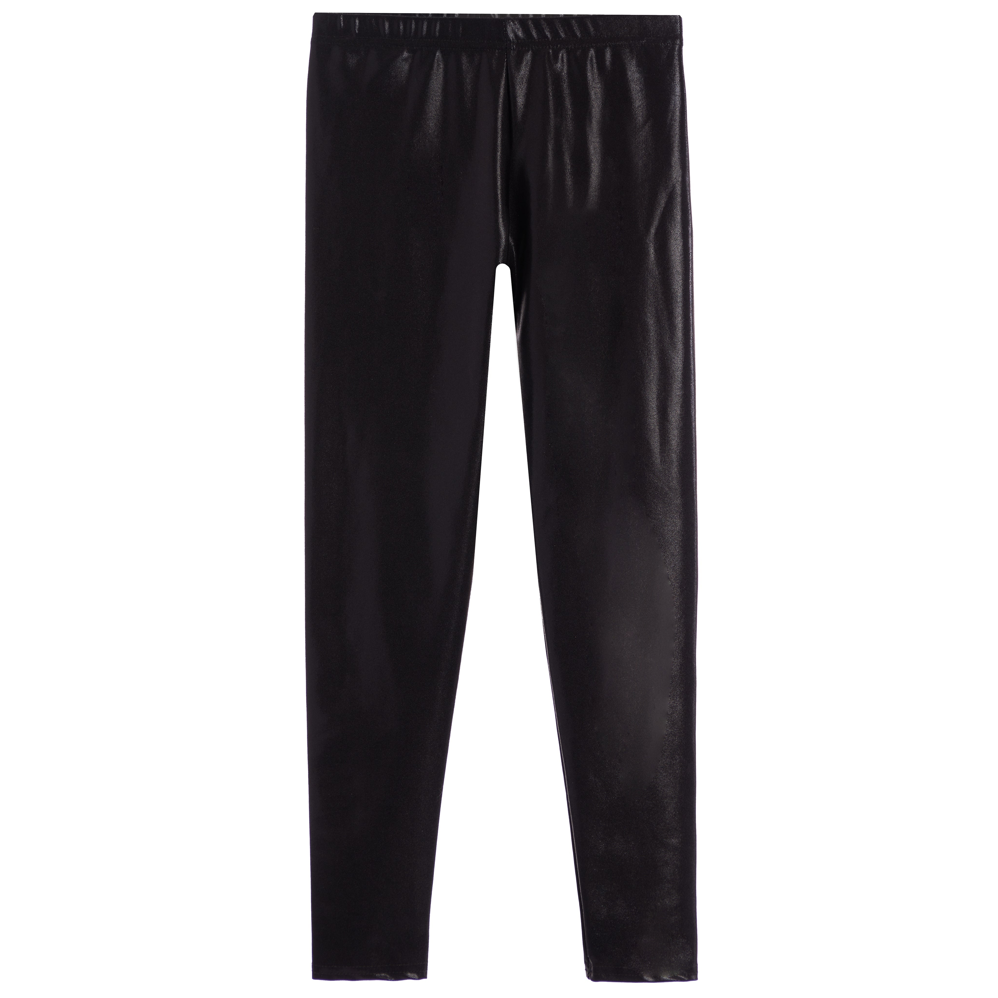 Black faux-leather leggings with a shiny, textured finish and an elastic waistband, shown flat on a white background.