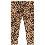 A pair of children's leggings with an all-over leopard print pattern in shades of tan, brown, and black, shown flat against a solid white background.