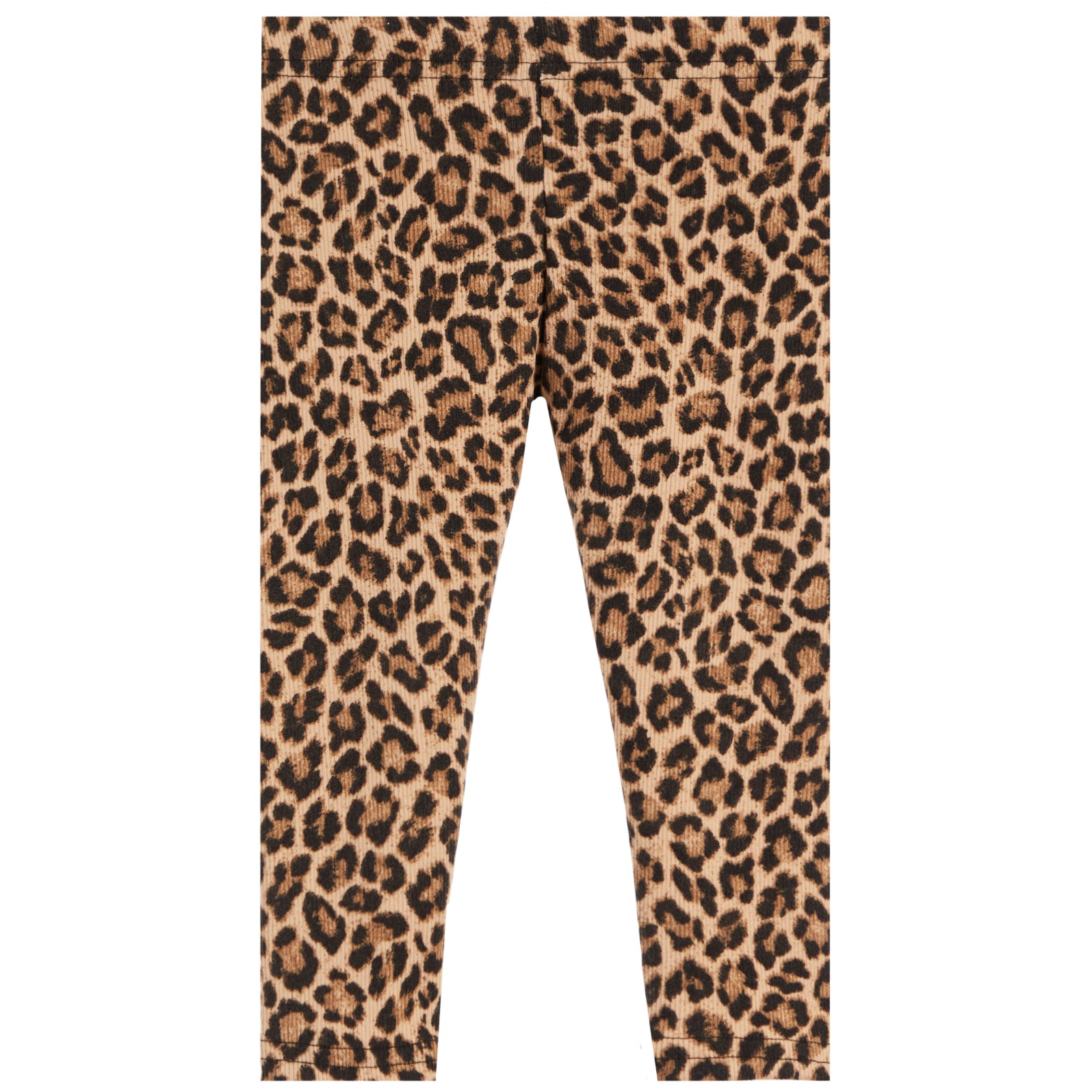 A pair of children's leggings with an all-over leopard print pattern in shades of tan, brown, and black, shown flat against a solid white background.