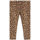 A pair of children's leggings with an all-over leopard print pattern in shades of tan, brown, and black, shown flat against a solid white background.