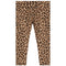 A pair of children's leggings with an all-over leopard print pattern in shades of tan, brown, and black, shown flat against a solid white background.