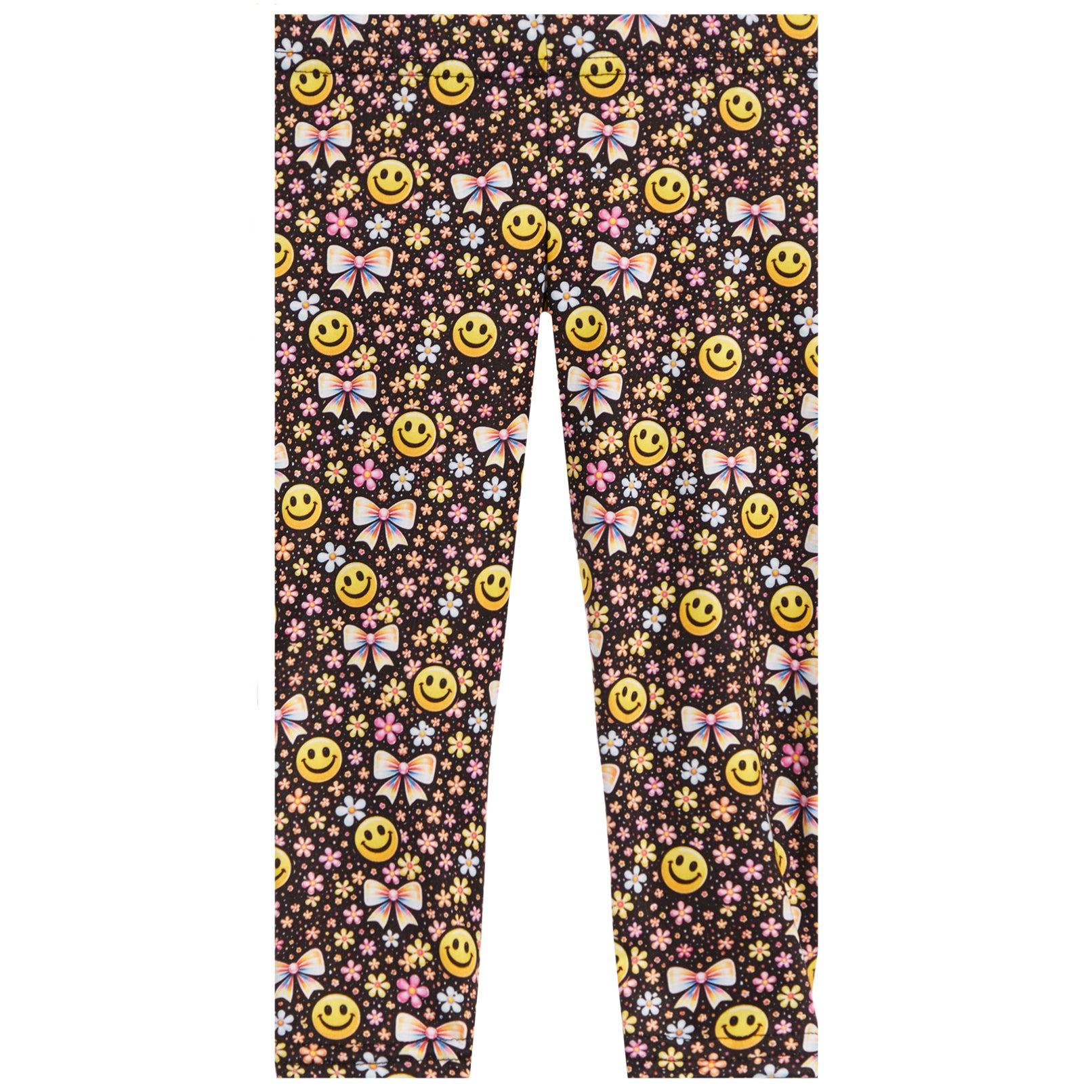 A pair of children's leggings featuring a dense all-over pattern of yellow smiley faces, pink bows, and small multicolored flowers on a dark brown background.