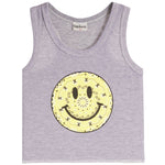 A light gray heather sleeveless tank top featuring a large yellow smiley face graphic on the front, photographed against a solid white background.