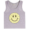 A light gray heather sleeveless tank top featuring a large yellow smiley face graphic on the front, photographed against a solid white background.
