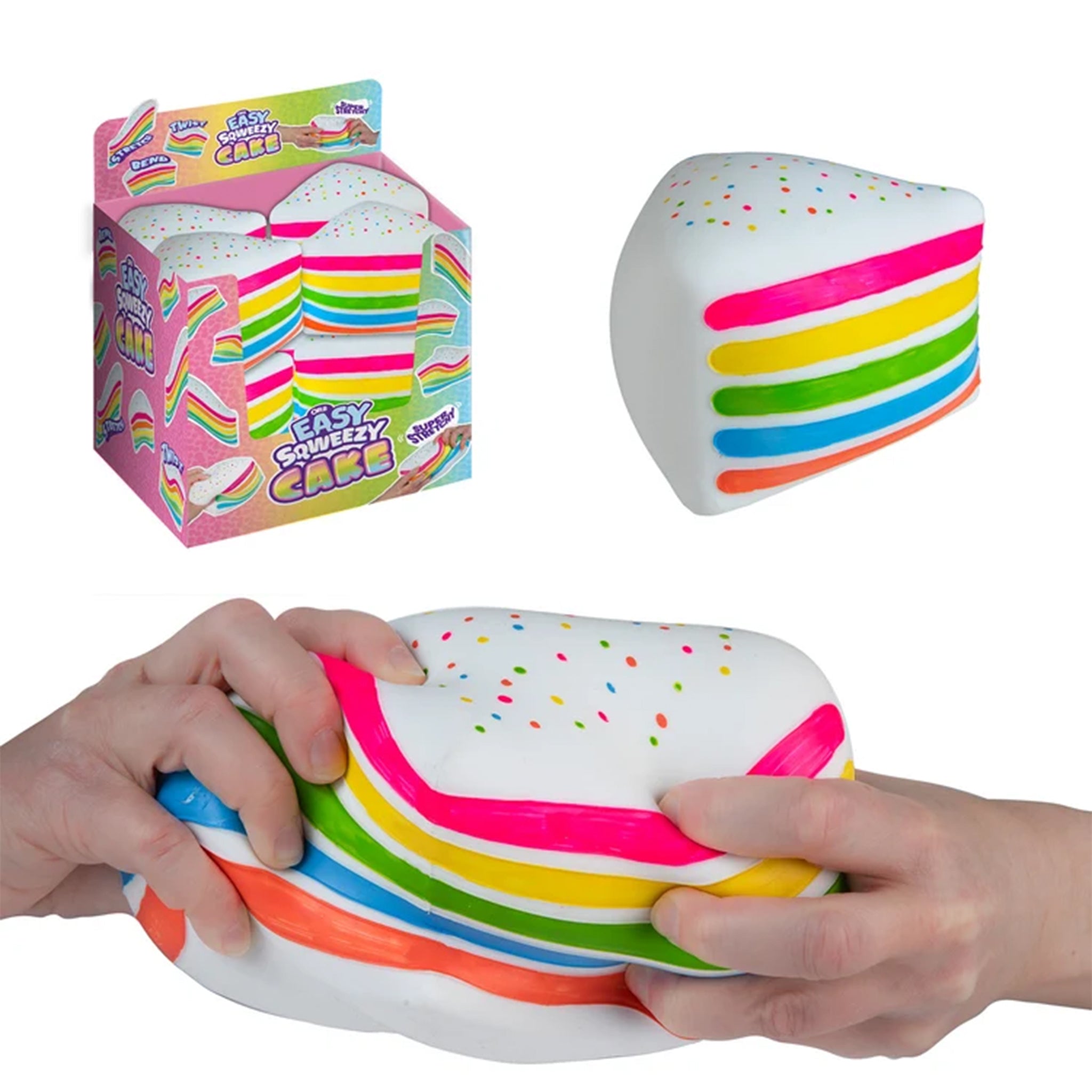 A colorful squishy cake toy shown with its retail box, a standalone view, and hands squeezing it. The cake has white frosting-like top with multicolored rainbow layers and small sprinkle details.