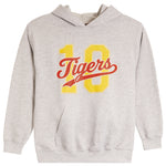 A light heather gray pullover hoodie featuring a large yellow number 10 with a red 'Tigers' script graphic across the chest, displayed on a clean white background.