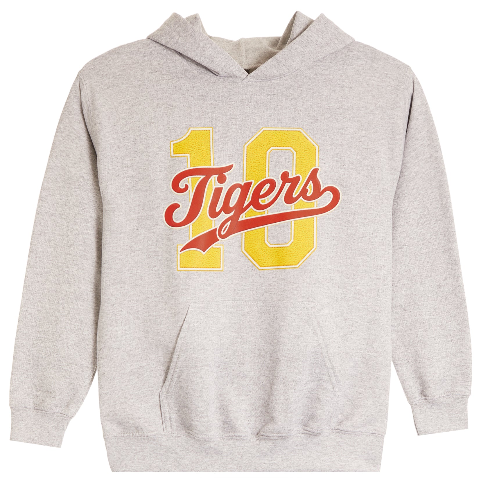 A light heather gray pullover hoodie featuring a large yellow number 10 with a red 'Tigers' script graphic across the chest, displayed on a clean white background.