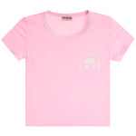A light pink short-sleeve crewneck t-shirt with a white graphic on the left chest featuring a sun and the word 'LOVE'.