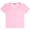 A light pink short-sleeve crewneck t-shirt with a white graphic on the left chest featuring a sun and the word 'LOVE'.
