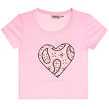 A light pink short-sleeve baby tee with a black paisley heart graphic on the front.