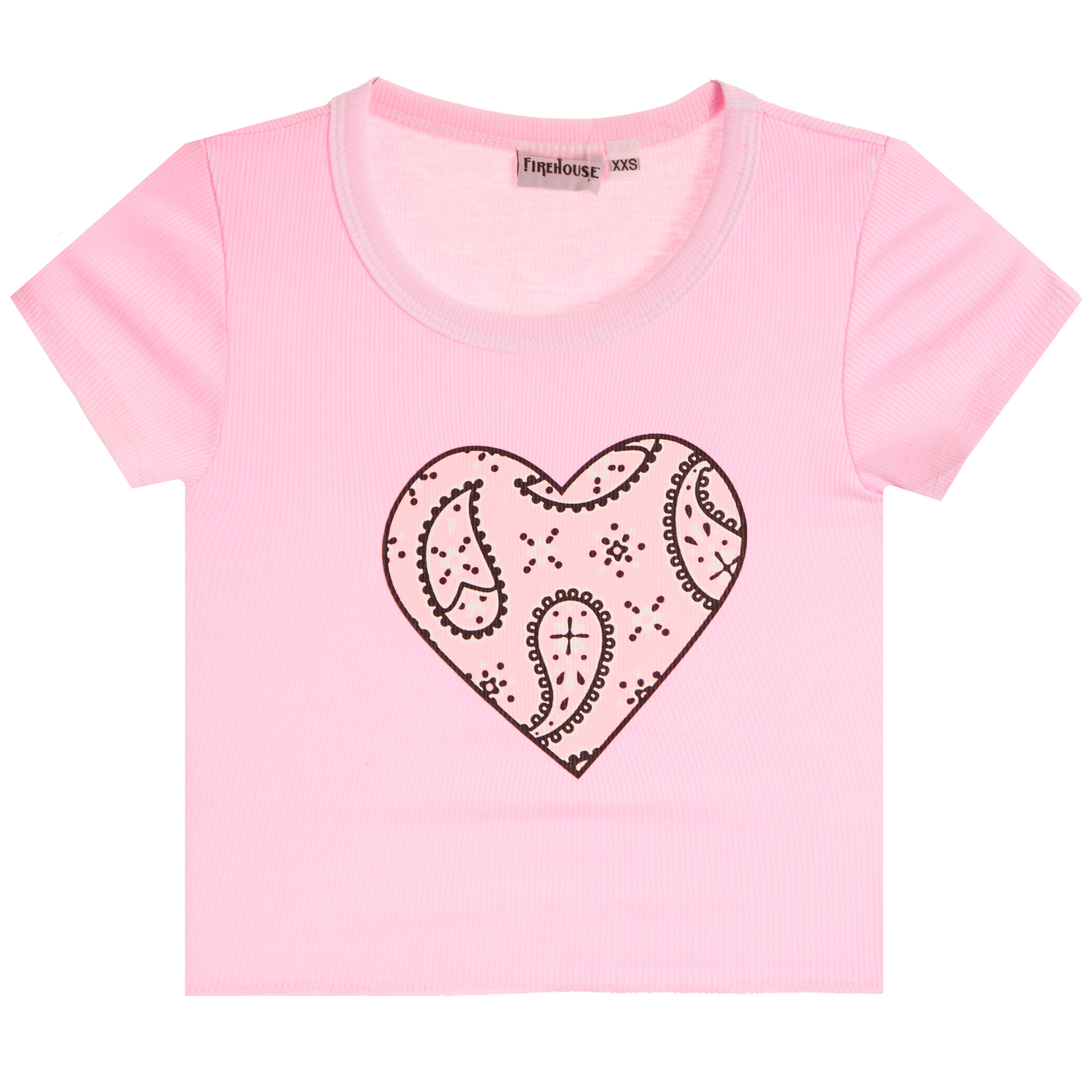 A light pink short-sleeve baby tee with a black paisley heart graphic on the front.