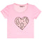 A light pink short-sleeve baby tee with a black paisley heart graphic on the front.