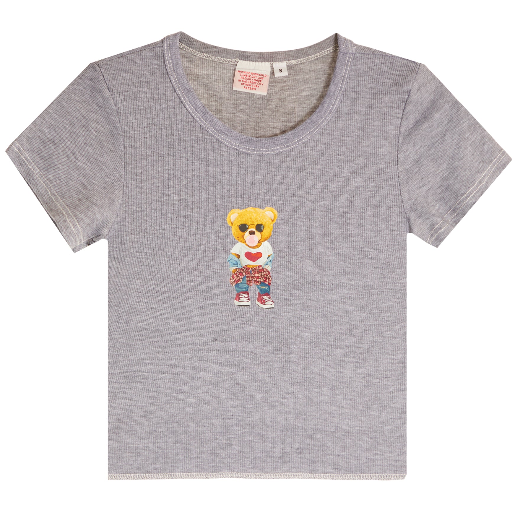 Short Sleeve Rib Tee With Plaid Bear - Denny's