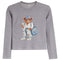 A gray long-sleeve crewneck shirt featuring a graphic of a teddy bear wearing a blue cap, white shirt, ripped jeans, and carrying a blue bag.