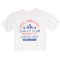 A white short-sleeve crewneck t-shirt featuring a red and blue graphic print on the front that reads 'LATE CHECKOUT CHALET CLUB MOUNTAIN TIME APRÈS SKI LODGE NIGHTS' with a mountain illustration.