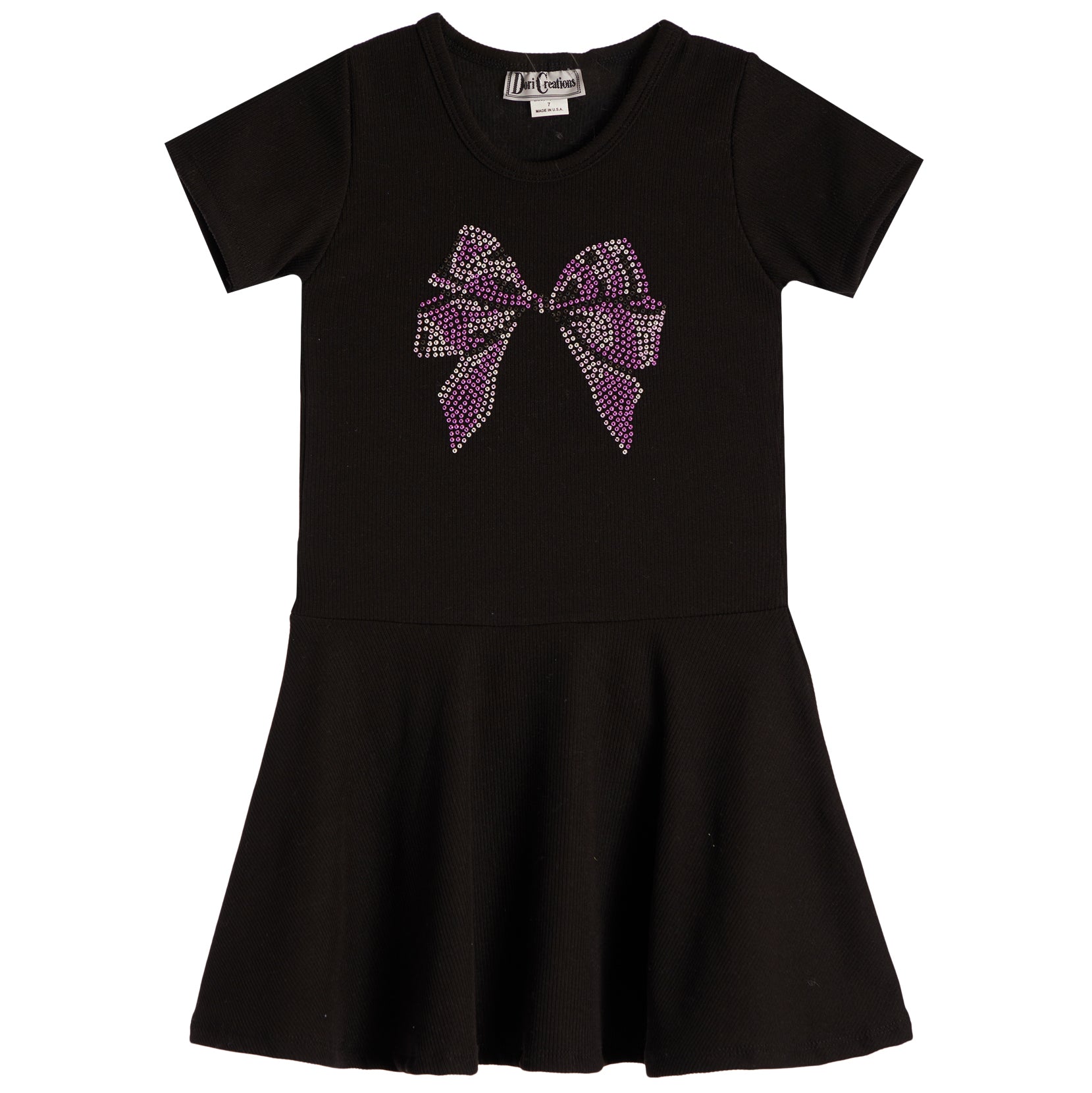 Rib Short Sleeve Dress With Purple Bow - Denny's