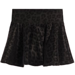 A black leopard-print pleated skirt with a wide waistband, shown flat against a solid white background.
