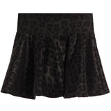 A black leopard-print pleated skirt with a wide waistband, shown flat against a solid white background.