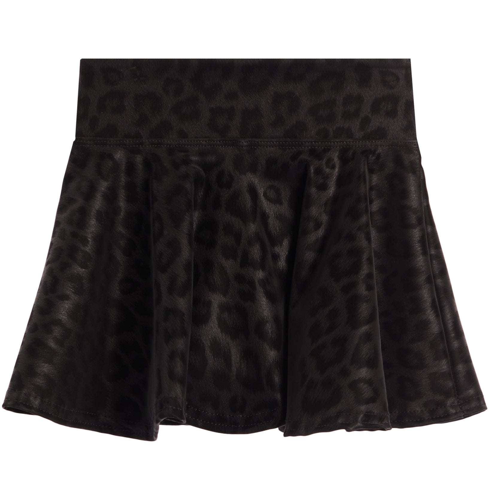 A black leopard-print pleated skirt with a wide waistband, shown flat against a solid white background.