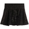 A black leopard-print pleated skirt with a wide waistband, shown flat against a solid white background.