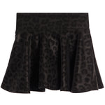 A black leopard-print pleated athletic skirt with a wide waistband, shown against a plain white background.