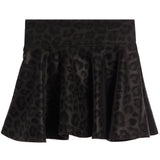 A black leopard-print pleated athletic skirt with a wide waistband, shown against a plain white background.