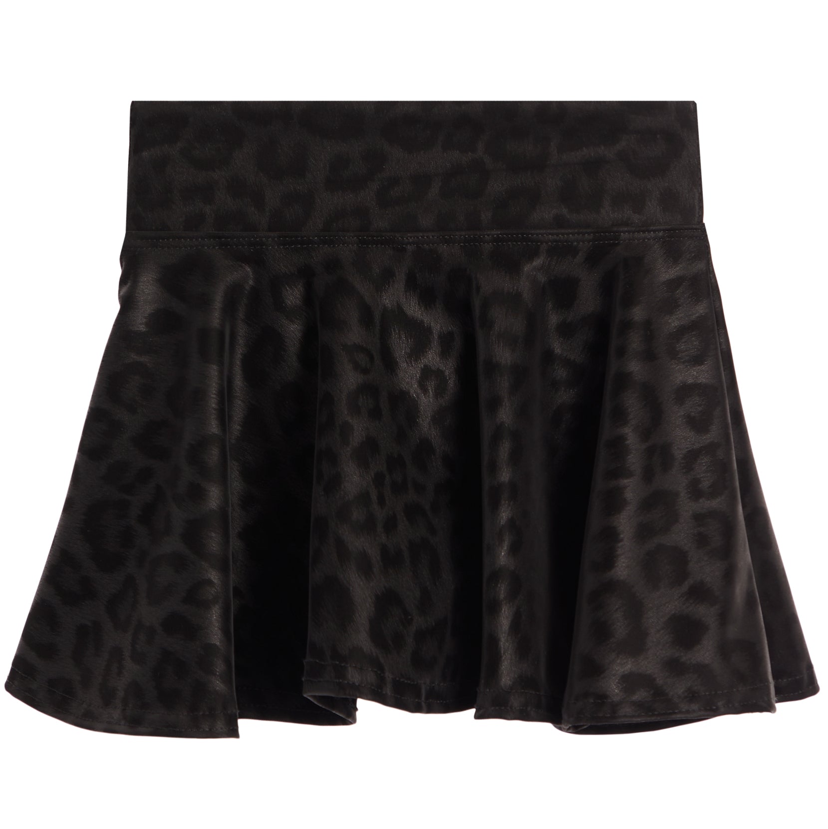 A black leopard-print pleated athletic skirt with a wide waistband, shown against a plain white background.