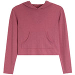 A faded garnet heathered cropped hoodie sweatshirt with long sleeves and a front kangaroo pocket, displayed flat against a white background.