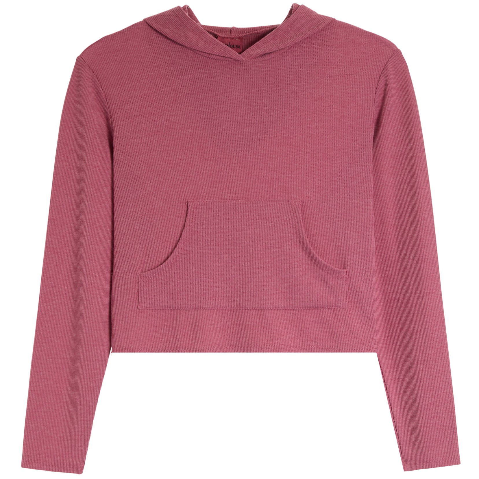 A faded garnet heathered cropped hoodie sweatshirt with long sleeves and a front kangaroo pocket, displayed flat against a white background.