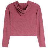 A dusty rose long-sleeve crop top with a draped cowl neckline, shown flat against a solid white background.