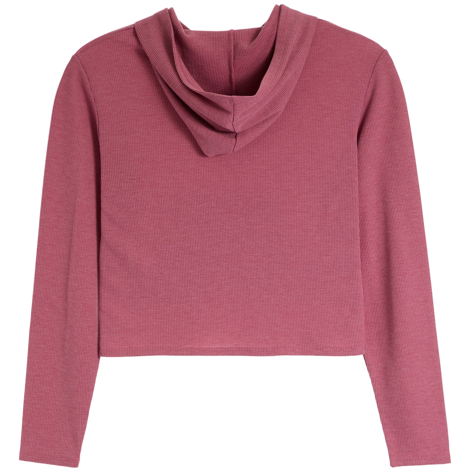 A dusty rose long-sleeve crop top with a draped cowl neckline, shown flat against a solid white background.