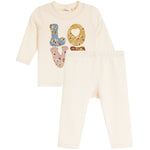 A two-piece baby outfit set consisting of a cream-colored long-sleeve top with a colorful floral 'LOVE' graphic and matching cream leggings, shown on a plain white background.