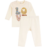 A two-piece baby outfit set consisting of a cream-colored long-sleeve top with a colorful floral 'LOVE' graphic and matching cream leggings, shown on a plain white background.