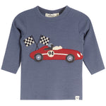 A toddler's long-sleeve crewneck t-shirt in heathered slate blue, featuring an applique design of a red race car with the number 94, two checkered flags, and a driver. 