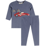 A two-piece toddler 2pc set consisting of a heathered slate blue long-sleeve top and matching pants. The top features a graphic of a red race car with checkered flags and the number 94.