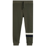 A pair of dark olive green sweatpants with a drawstring waist and ribbed cuffs, featuring a contrasting horizontal stripe pattern near the lower leg in cream and navy blue.