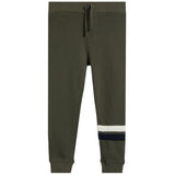 A pair of dark olive green sweatpants with a drawstring waist and ribbed cuffs, featuring a contrasting horizontal stripe pattern near the lower leg in cream and navy blue.