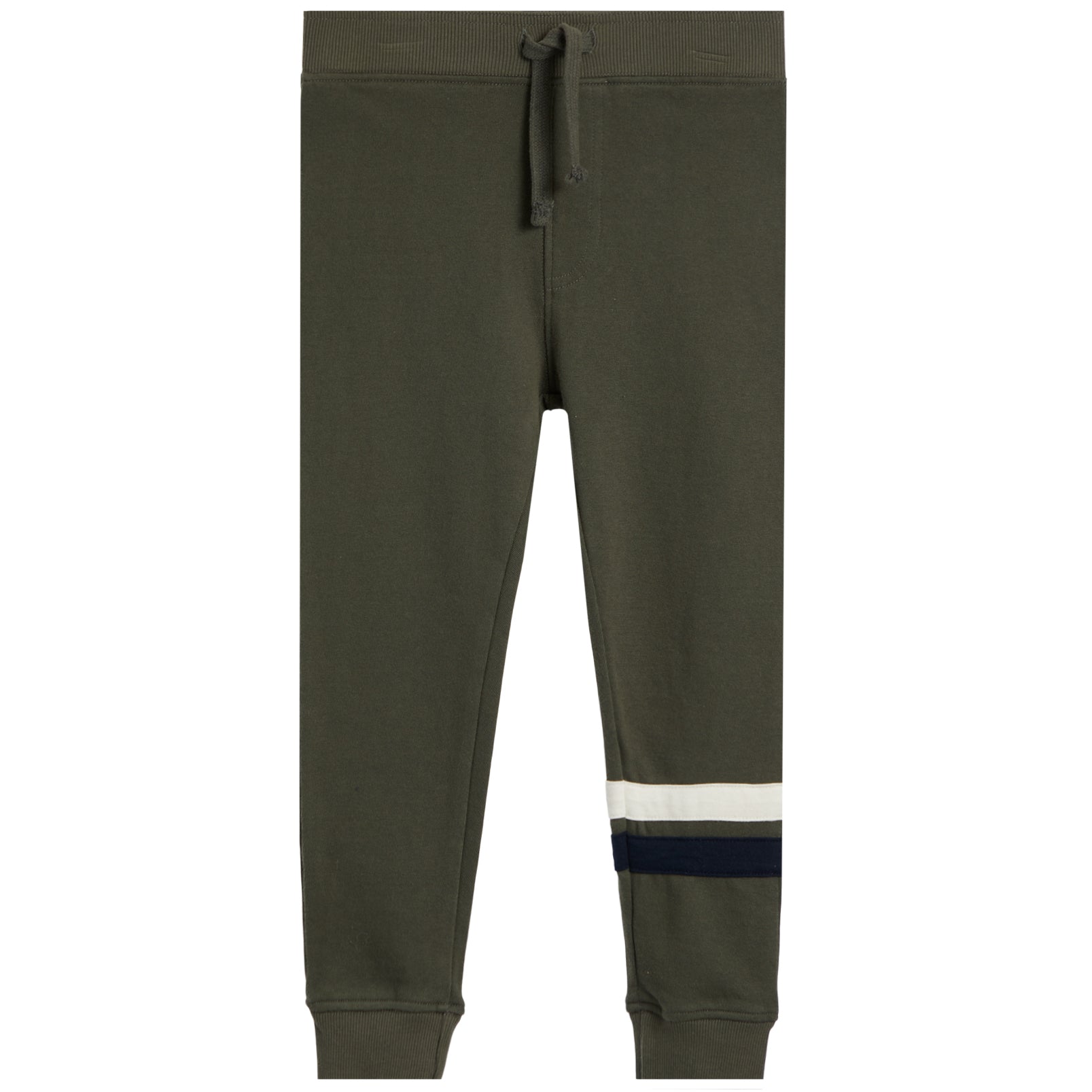A pair of dark olive green sweatpants with a drawstring waist and ribbed cuffs, featuring a contrasting horizontal stripe pattern near the lower leg in cream and navy blue.