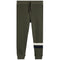 A pair of dark olive green sweatpants with a drawstring waist and ribbed cuffs, featuring a contrasting horizontal stripe pattern near the lower leg in cream and navy blue.