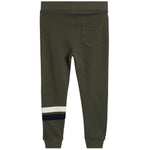 A pair of dark olive green sweatpants shown from the back, featuring a single back pocket and a striped accent near the lower leg consisting of white and navy blue bands.
