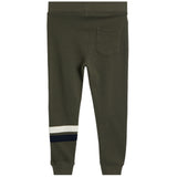 A pair of dark olive green sweatpants shown from the back, featuring a single back pocket and a striped accent near the lower leg consisting of white and navy blue bands.