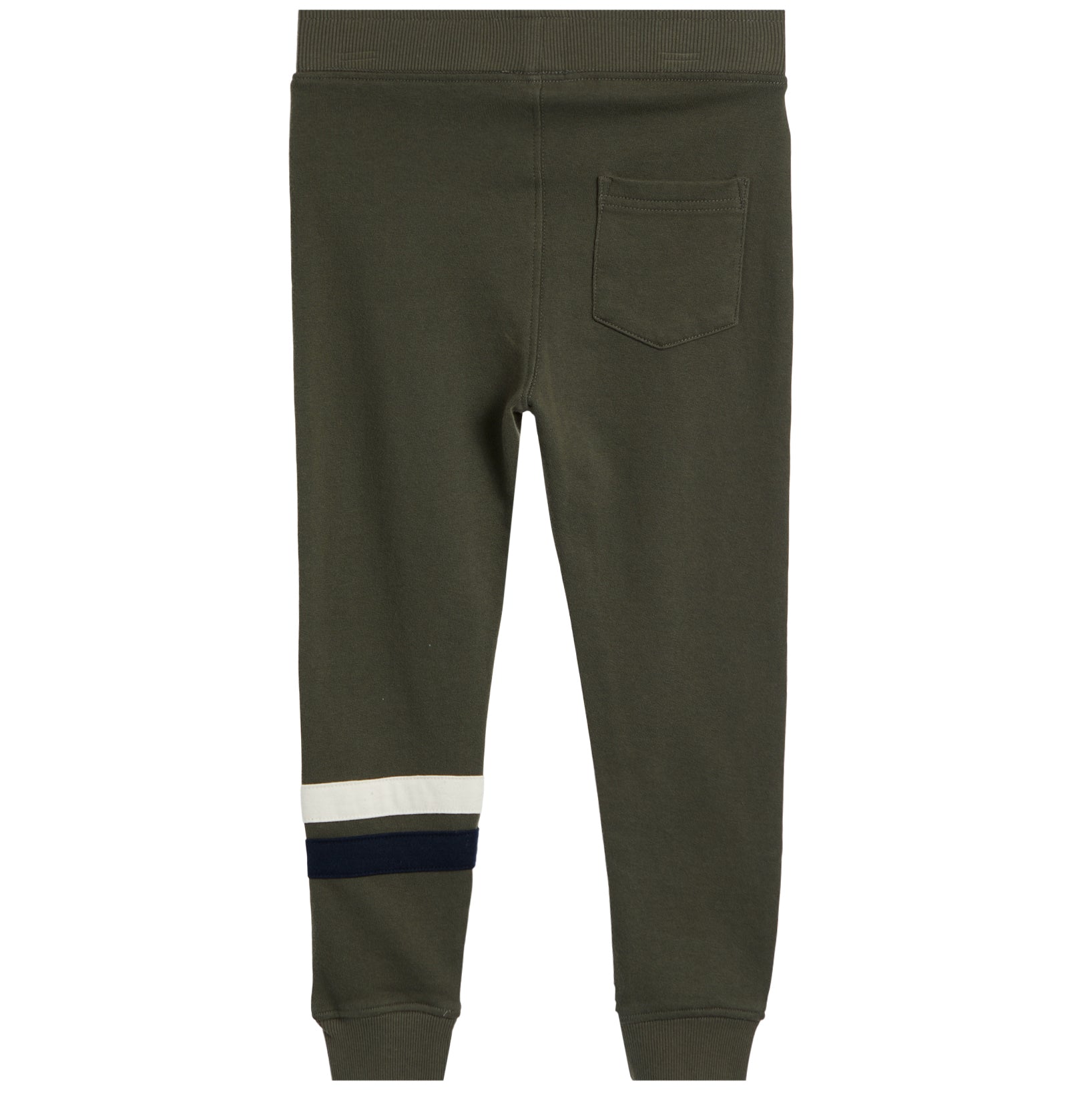 A pair of dark olive green sweatpants shown from the back, featuring a single back pocket and a striped accent near the lower leg consisting of white and navy blue bands.