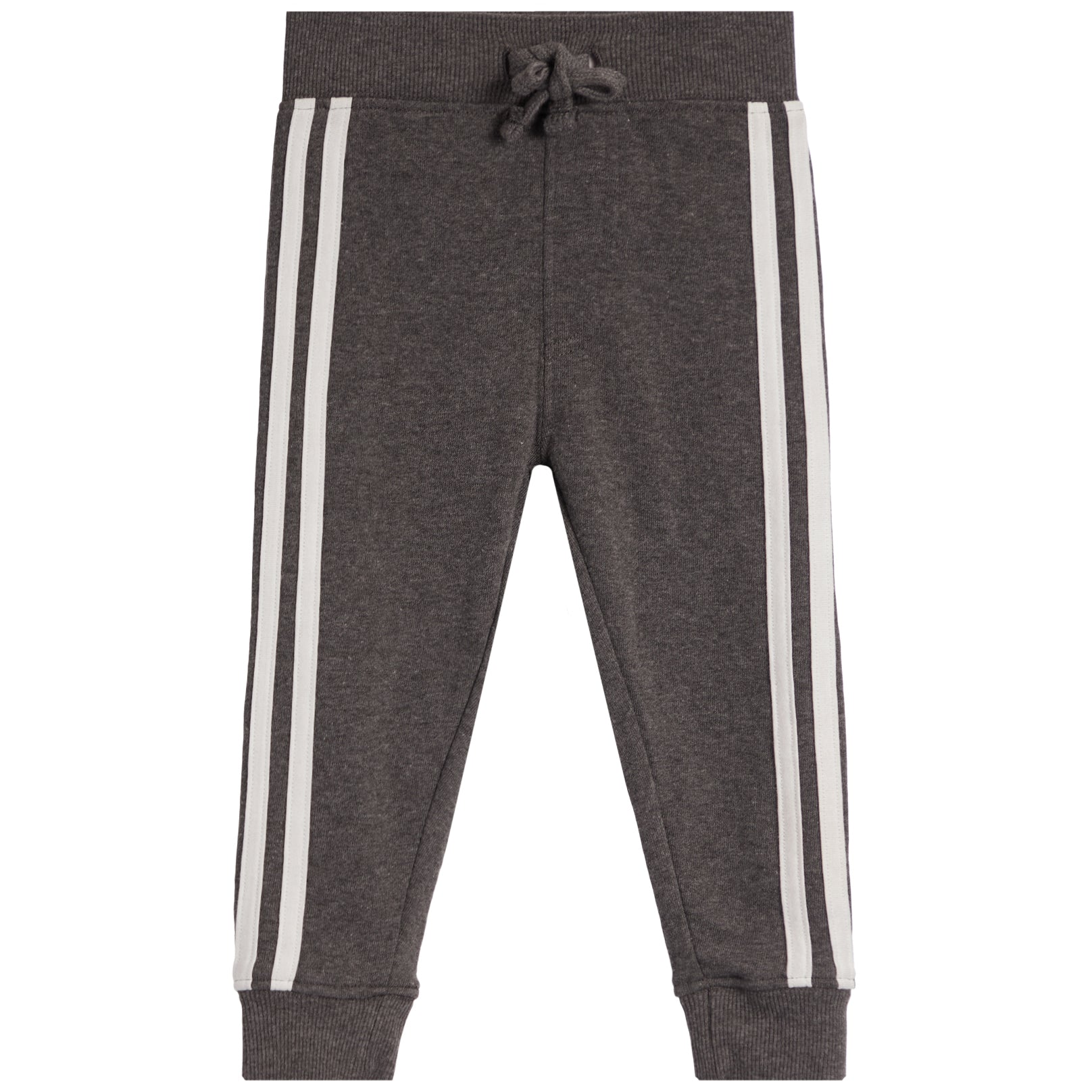 Dark gray heather jogger pants with white double stripes down the sides and a matching gray drawstring at the elastic waistband, shown against a plain white background.