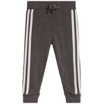 Dark gray heather jogger pants with white double stripes down the sides and a matching gray drawstring at the elastic waistband, shown against a plain white background.
