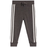 Dark gray heather jogger pants with white double stripes down the sides and a matching gray drawstring at the elastic waistband, shown against a plain white background.