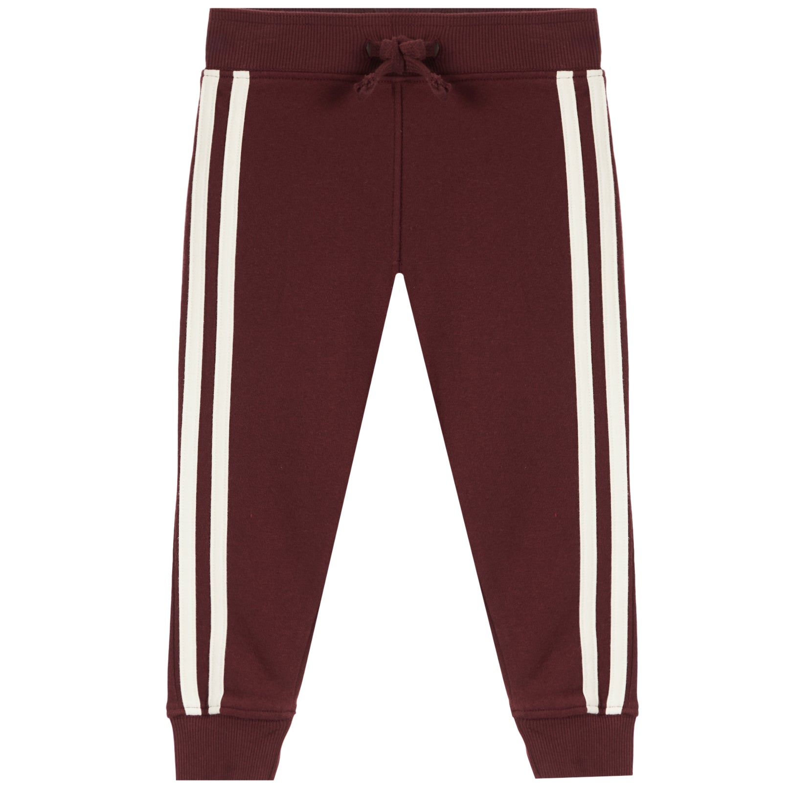 A pair of dark burgundy jogger pants featuring two vertical cream-colored stripes down the sides of each leg, a matching dark burgundy drawstring waist, and ribbed cuffs at the ankles.
