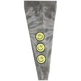 Gray tie-dye sweatpants featuring three yellow smiley faces printed vertically on the left leg, shown against a plain white background.