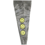 Gray tie-dye sweatpants featuring three yellow smiley faces printed vertically on the left leg, shown against a plain white background.