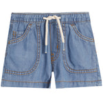 Light blue denim shorts with an elastic waistband, white drawstring, and front patch pockets, shown flat on a white background.