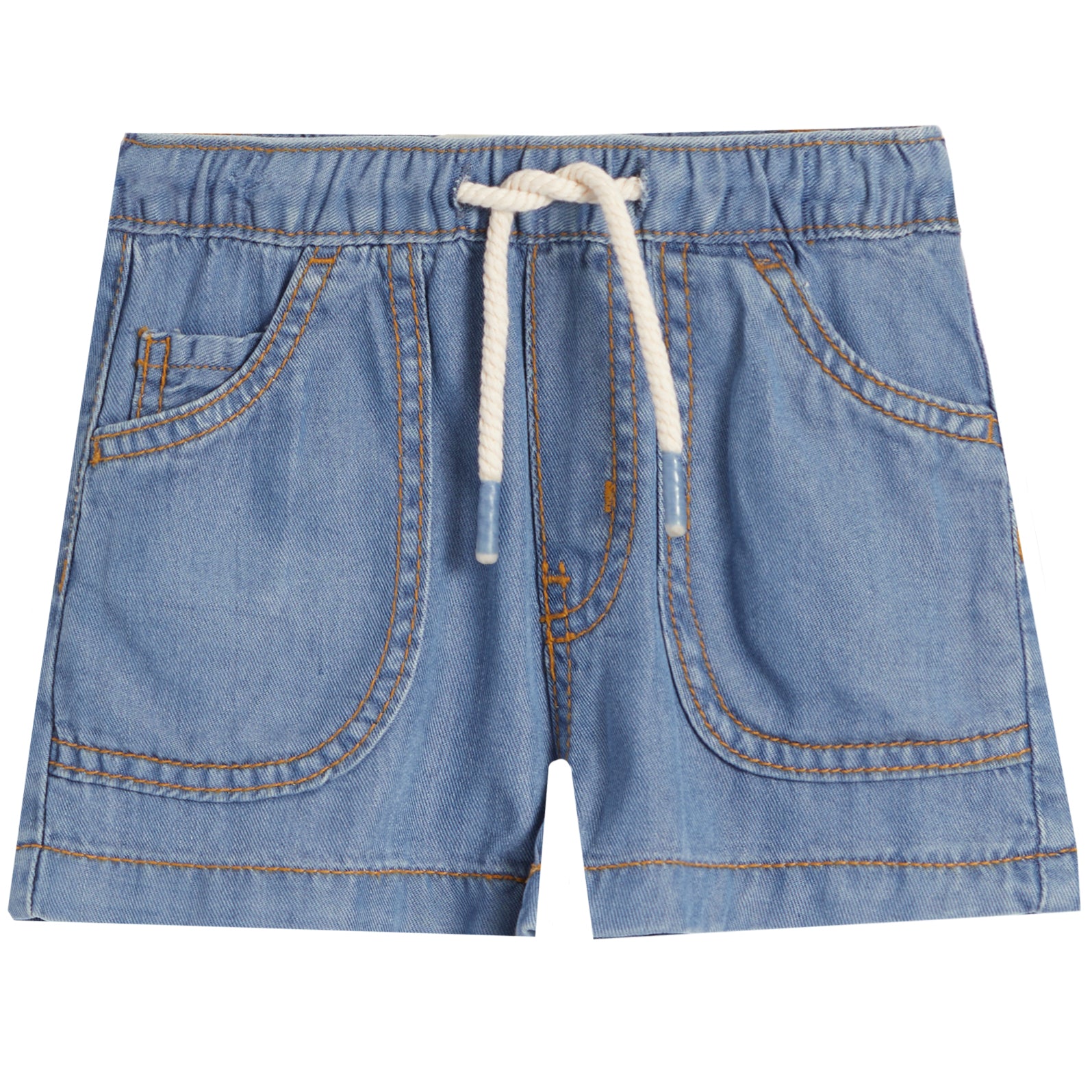 Light blue denim shorts with an elastic waistband, white drawstring, and front patch pockets, shown flat on a white background.